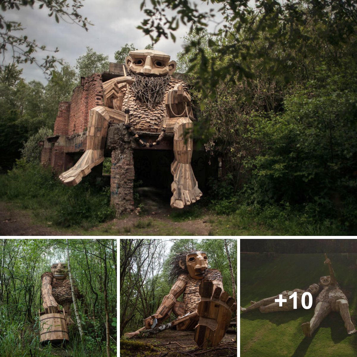 A man reveals colossal, enchanting wooden statues hidden in the mesmerizing wilderness of the Belgian forest.