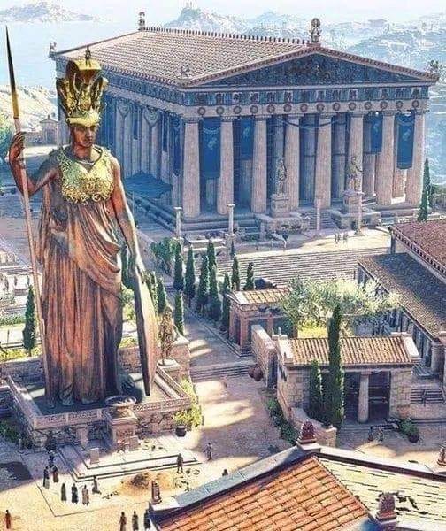Athena Promachos was a huge bronze statue of Athena shaped by Pheidias, located between the Propylaea and the Parthenon in the Athenian Acropolis.