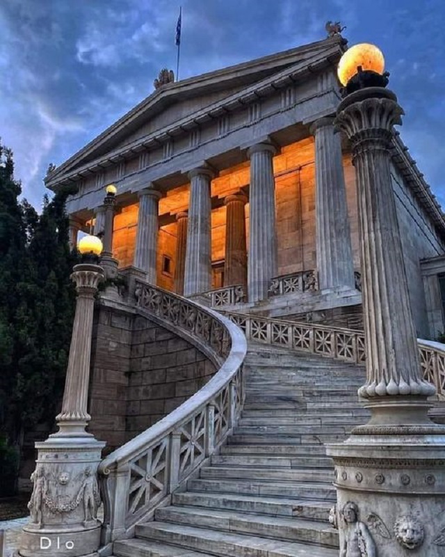 Illuminating History: The National Library of Athens at Dusk