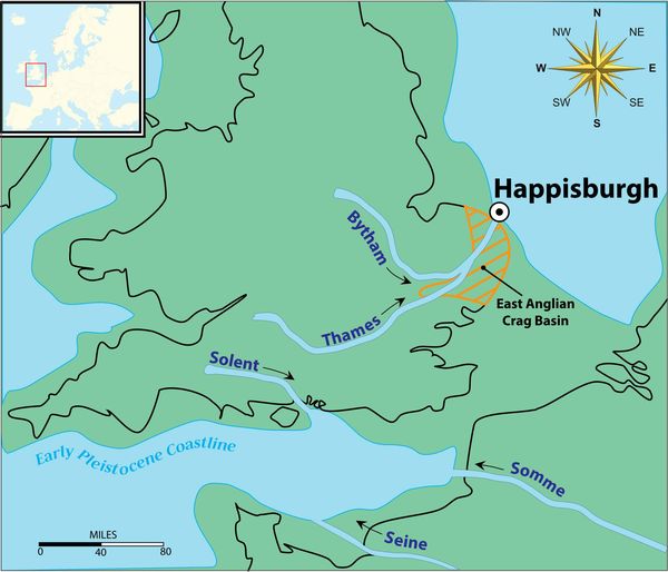 Map showing the location of Happisburgh during the Early Pleistocene, approximately 800,000 years ago. 
