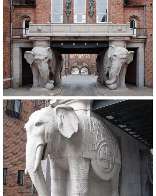 The Elephant Gate (entrance) at Carlsberg Brewery, Copenhagen, Denmark. Architect: Vilhelm Dahlerup, 1901. Made out of granite from the island of Bornholm.
