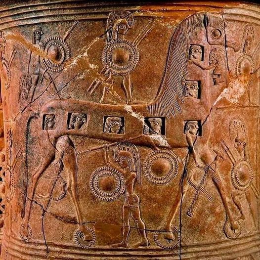 Earliest known depiction of the famous "Wooden Horse" of the Trojan War, on Mykonos Terracotta Vase (Pithos) - 670 BC, found at Mykonos island, Cyclades, Greece.