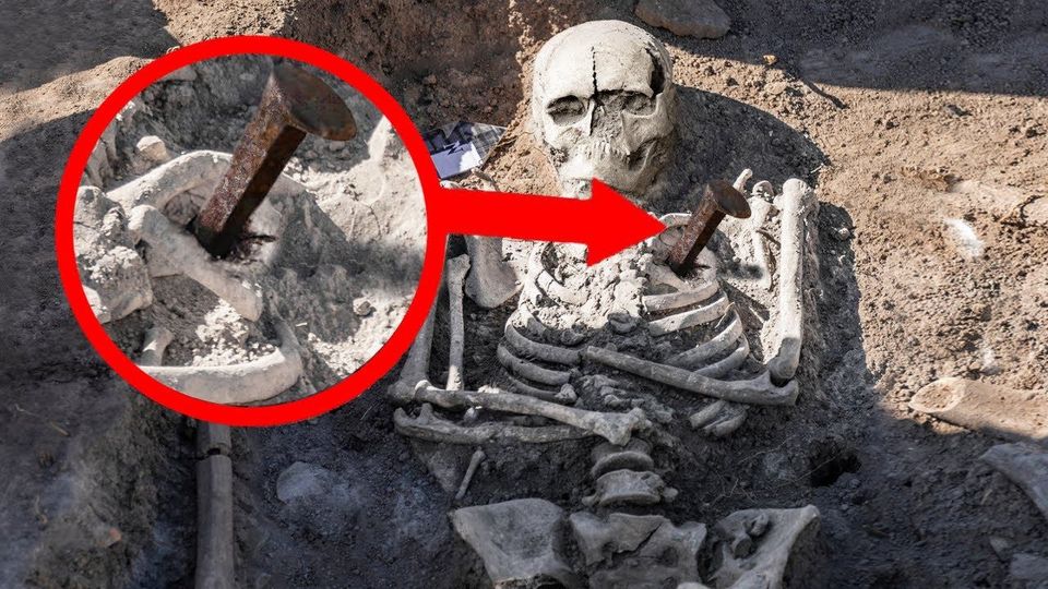 Chilling Artistry: Vampire Skeleton Pierced by a Massive Stake - "To Prevent It From Waking Up.