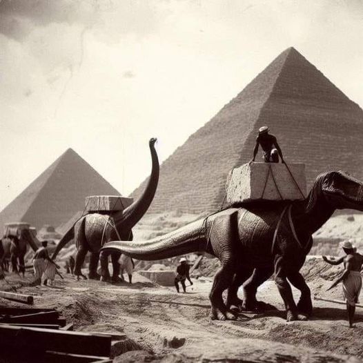 After some discussion regarding to how the Great Pyramids were built we decided its not by aliens or slaves ,it"s by dinosaur
