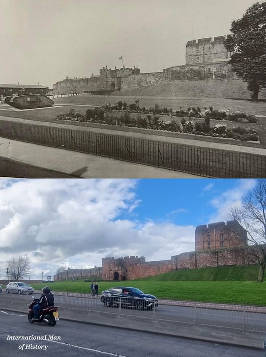 View of Carlisle Castle almost 100 years apart—c. 1930 and now.