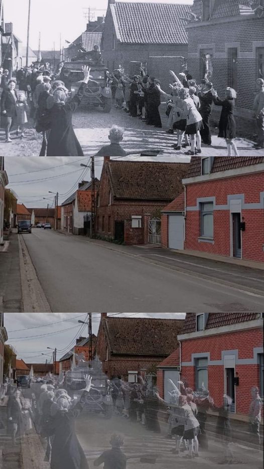 The Rue du Temple in Rongy, Belgium—1944 (World War II), 2024, and a cool digital composite image by Adam Surrey of Ghosts of Time Again. 