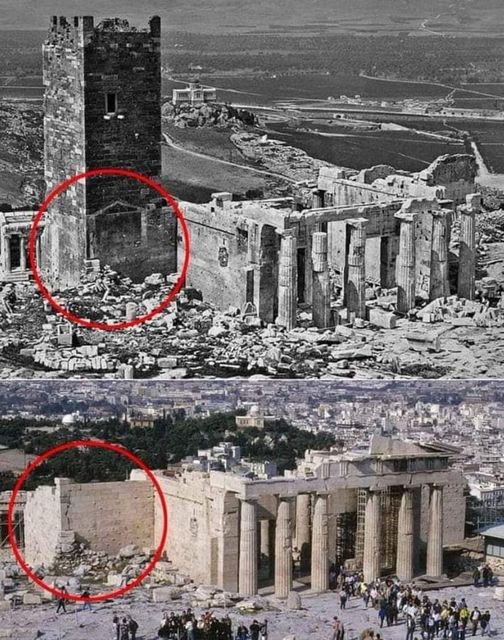 the exact location of the Frankish tower of the Acropolis built on the pilaster of the south wing of the Propylae.