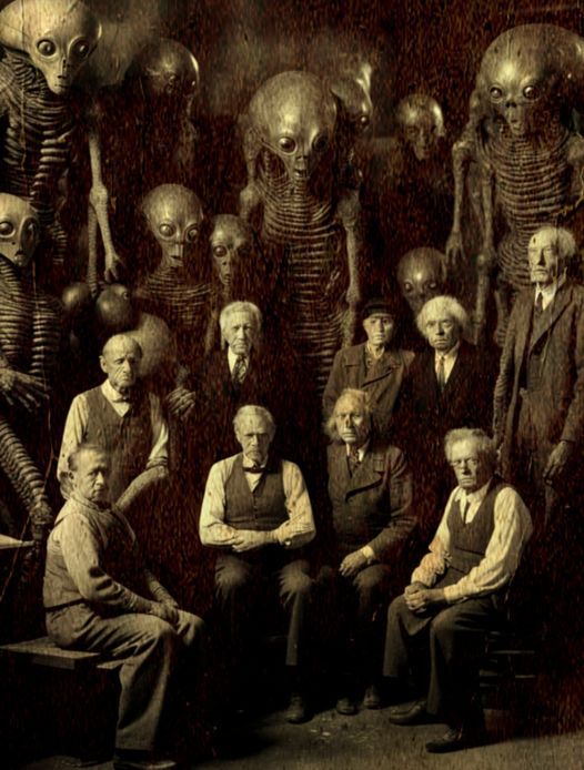 An ancient photograph depicts aliens and humans together in a factory.