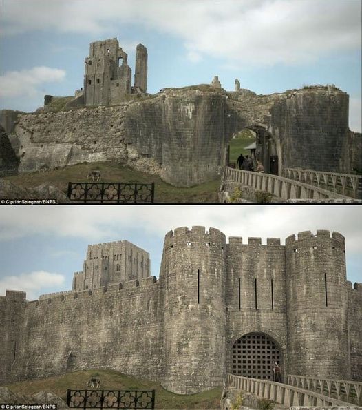 Corfe Castle in the village of the same name in Dorset, England—then and now.