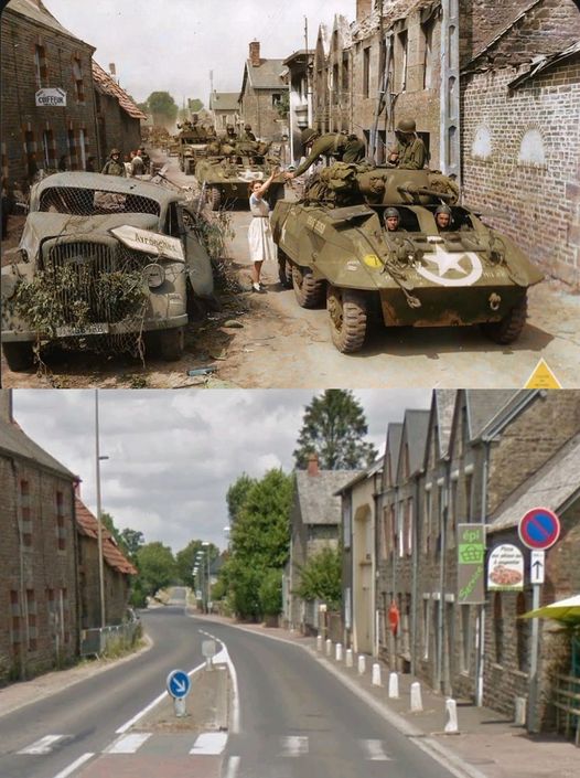 Route de la Liberation (D35 road) near the intersection with the D924 in Normandy, France—31 July 1944 and now.