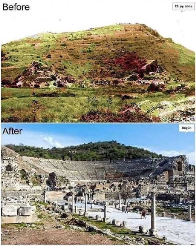 Unearthing the Past: The Grand Theatre of Ephesus Before and After Excavation