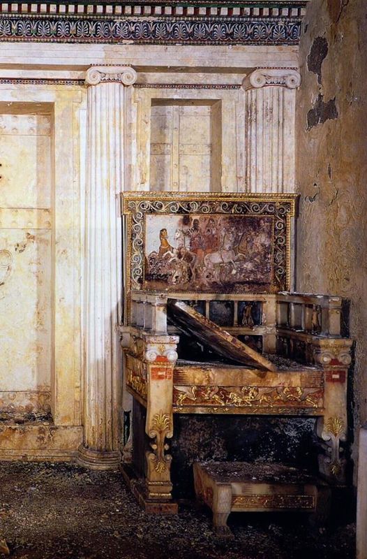 This is the unique marble throne of Eurydice, Alexander"s paternal grandmother, found inside the double-chambered Macedonian Tomb of Aigai (Vergina) in Macedonia, 340 BC.