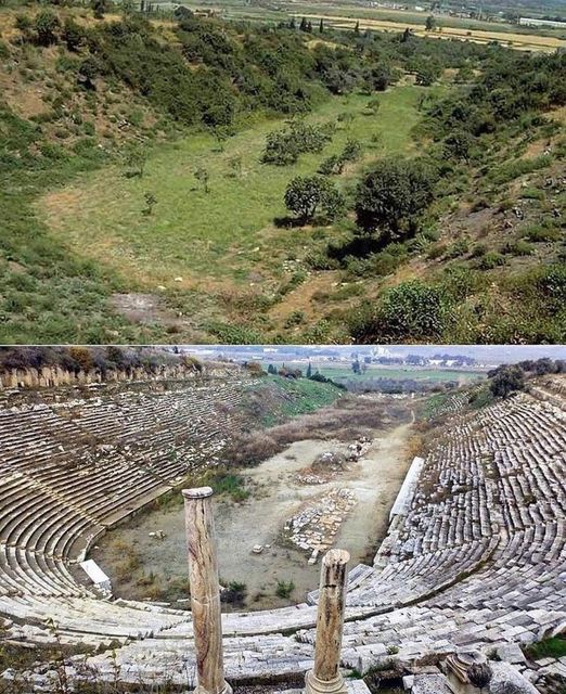 Images captured before and after the excavation of the Ancient Greek Stadium.