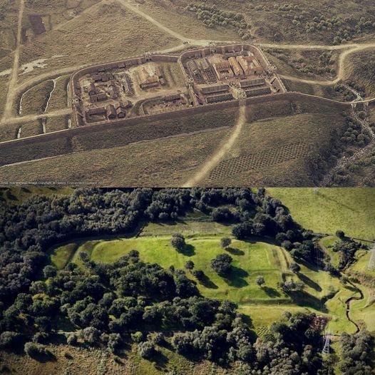 Rough Castle Roman fort on the Antonine Wall, then (mid-2nd century AD) and now.
